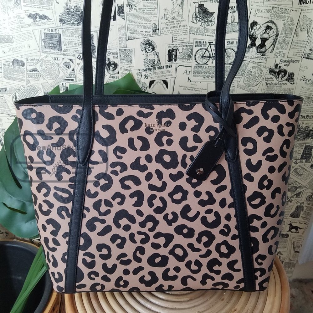 Kate Spade NWT Black Cara Leopard Animal Print Large Leather Tote Shoulder Bag - Picture 2 of 13